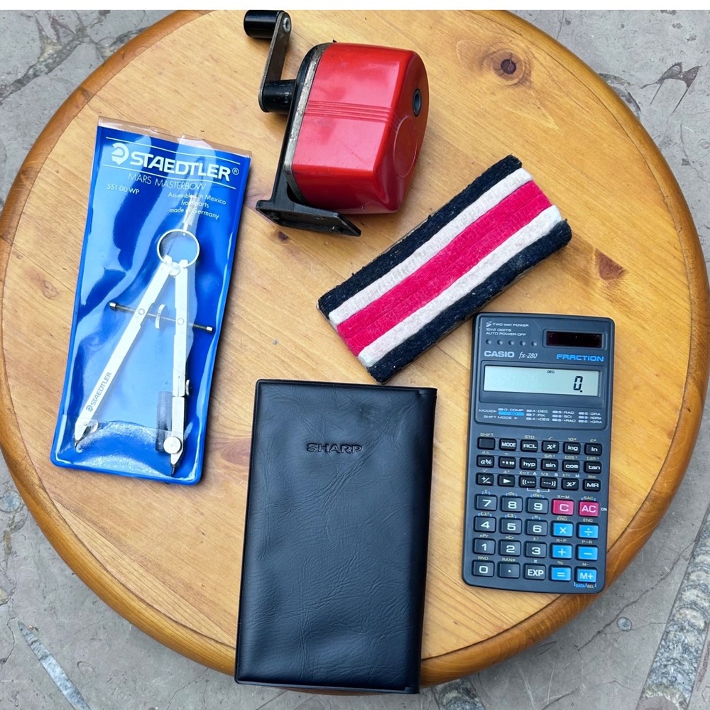 Vintage Industrial Office Desk Lot Dark Academia Stationer Sharp Casio Staedtler